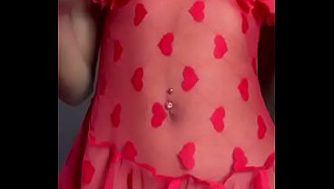 Petite Girl in Red Lingerie Dances for Camera, Shows Small Tits with Big Nipple Piercings, Spreads Pink Pussy, Fingers Herself Then Rides Huge White 19cm Dildo Solo Masturbation
